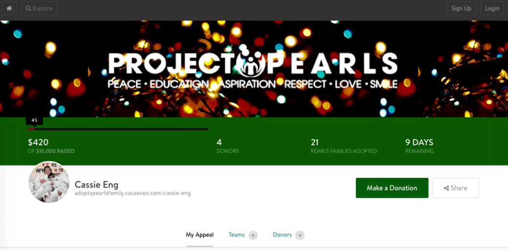 Project Pearls fundraising screenshot
