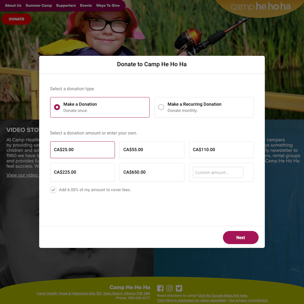 A CauseVox donation form open over a summer camp’s website, with amounts shown in Canadian dollars and a ticked box letting the donor add a percentage to cover processing fees