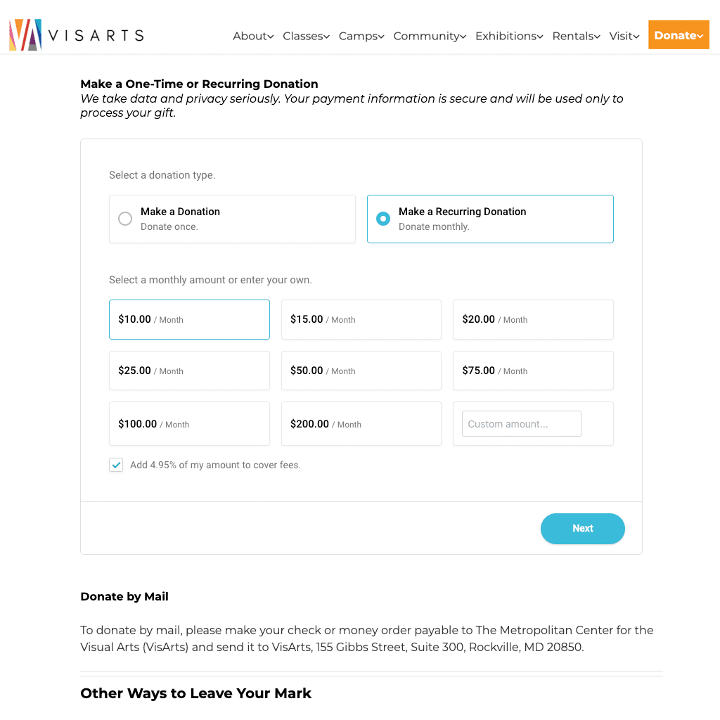 A nonprofit’s own web page with a CauseVox donation form embedded directly into it — the organisation’s navigation above, monthly giving selected with tiers from $10 to $200, and the page’s own “Donate by Mail” section continuing below the form