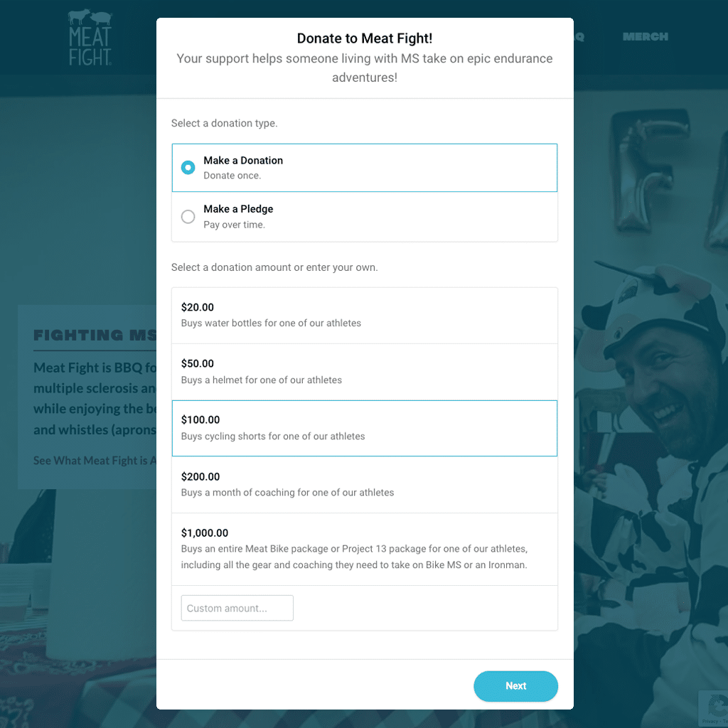 A CauseVox donation form open over a nonprofit’s own website, headed “Donate to Meat Fight!”, offering a one-time gift or a pledge and listing amounts from $20 to $200 with the equipment each one buys for an athlete