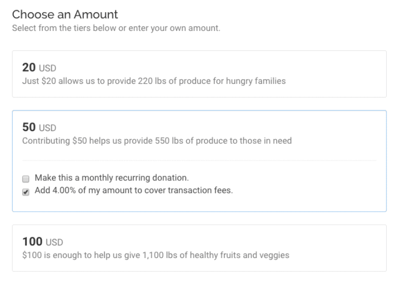 sample donation tiers on a fundraising website