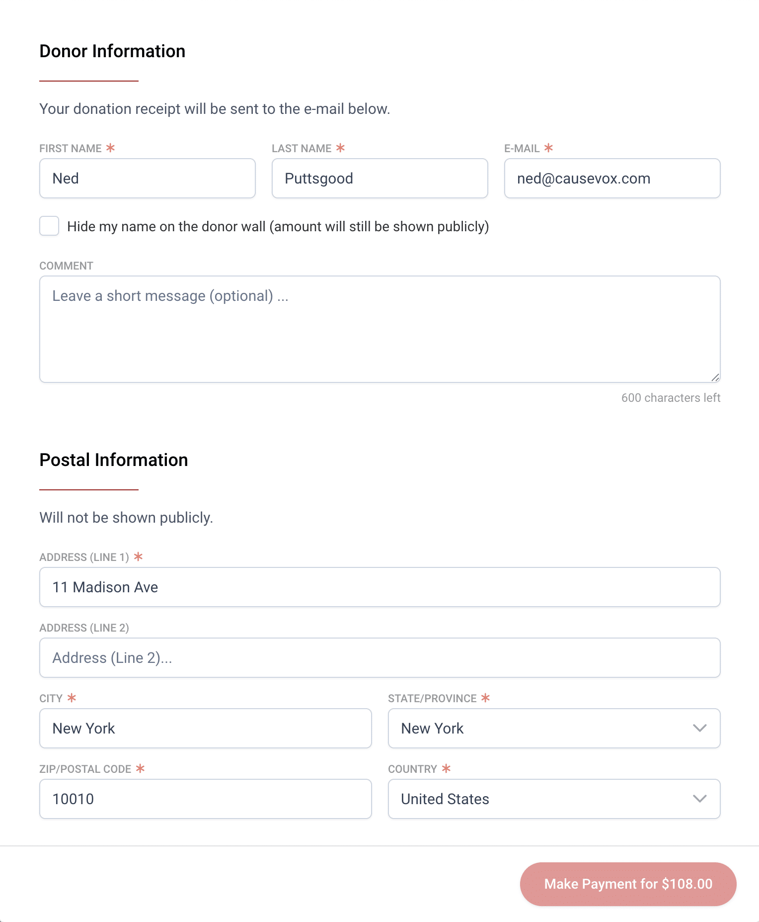 pre-filled donor data on donation form
