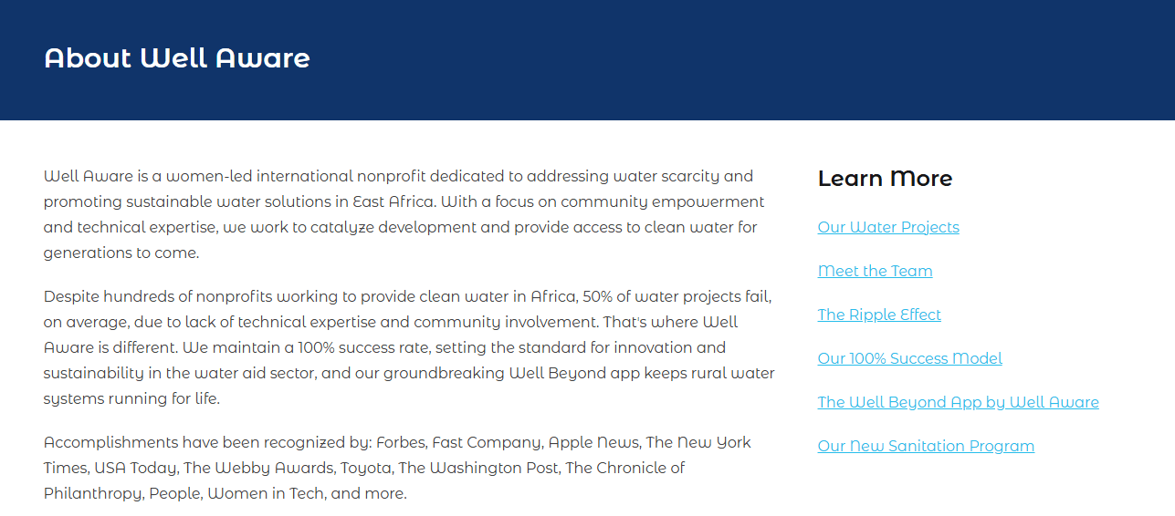 About Well Aware page on the H2gO challenge campaign