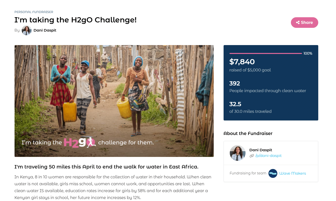 Dani's personal fundraiser for the H2gO challenge